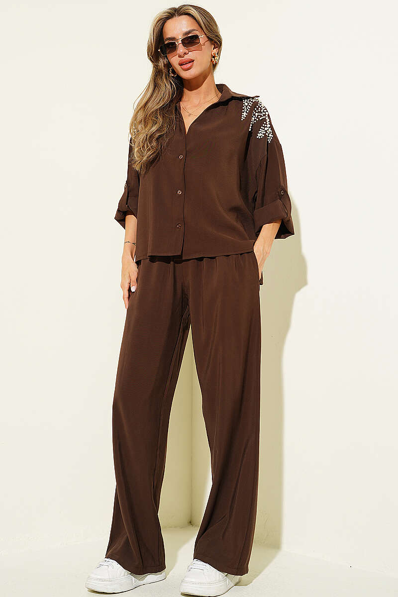 Modal Two-Piece Set with Pearl Shoulders - Brown