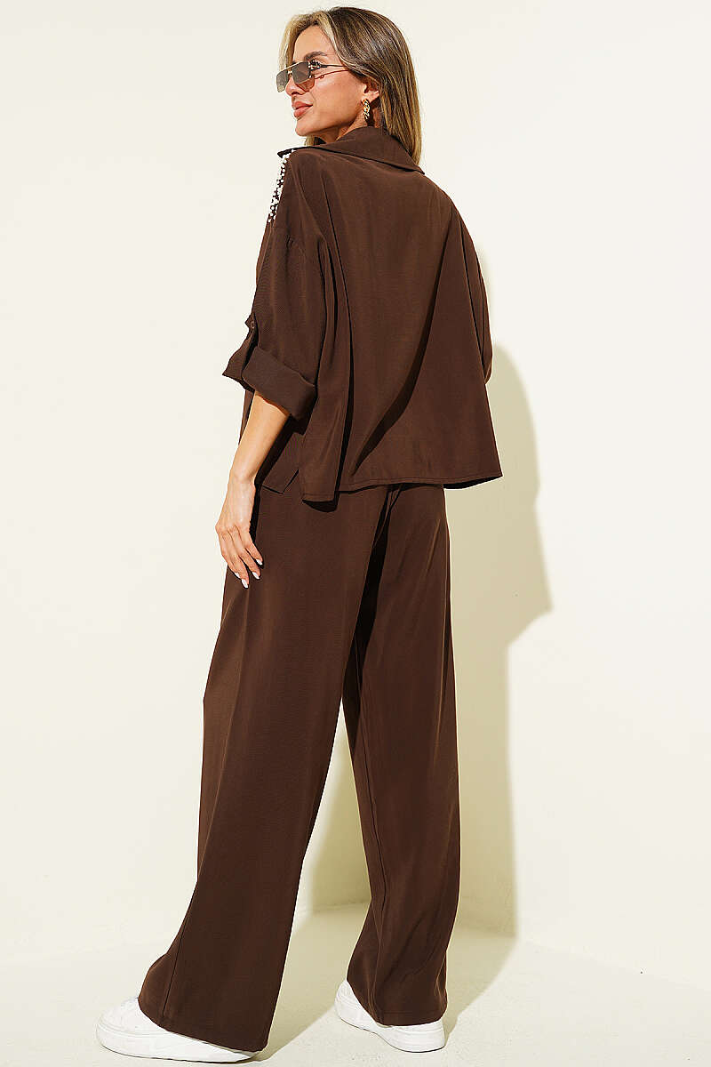 Modal Two-Piece Set with Pearl Shoulders - Brown