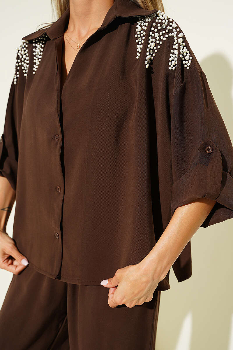 Modal Two-Piece Set with Pearl Shoulders - Brown