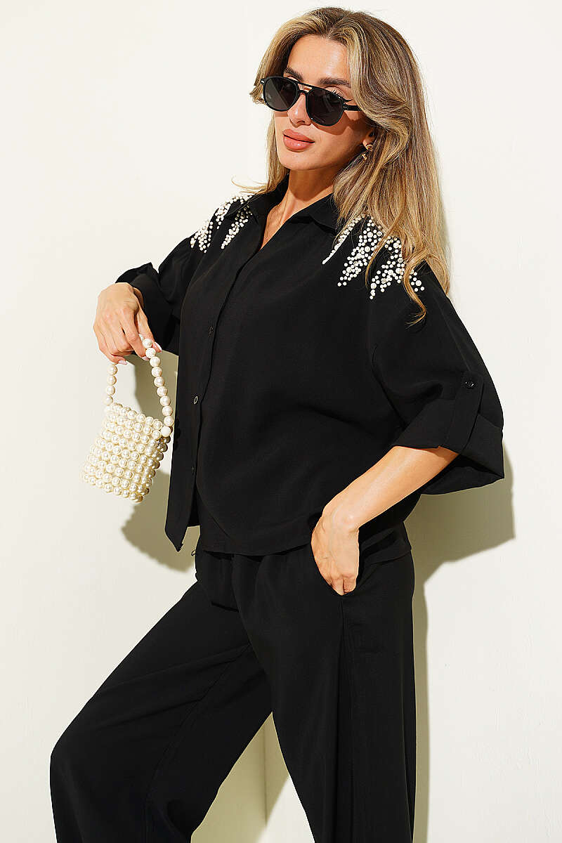 Modal Two-Piece Set with Pearl Shoulders - Black