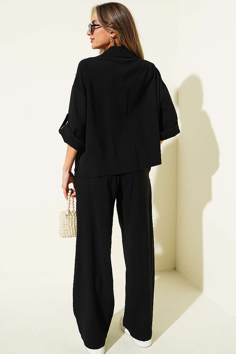 Modal Two-Piece Set with Pearl Shoulders - Black