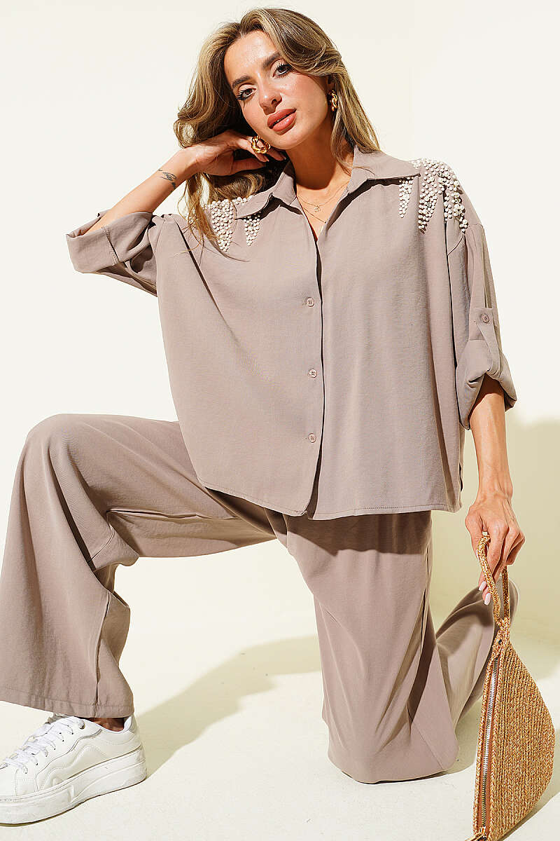 Modal Two-Piece Set with Pearl Shoulders - Mink