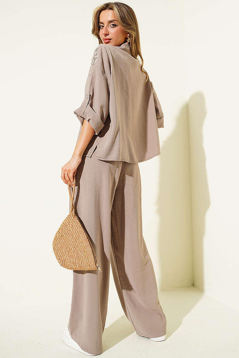 Modal Two-Piece Set with Pearl Shoulders - Mink