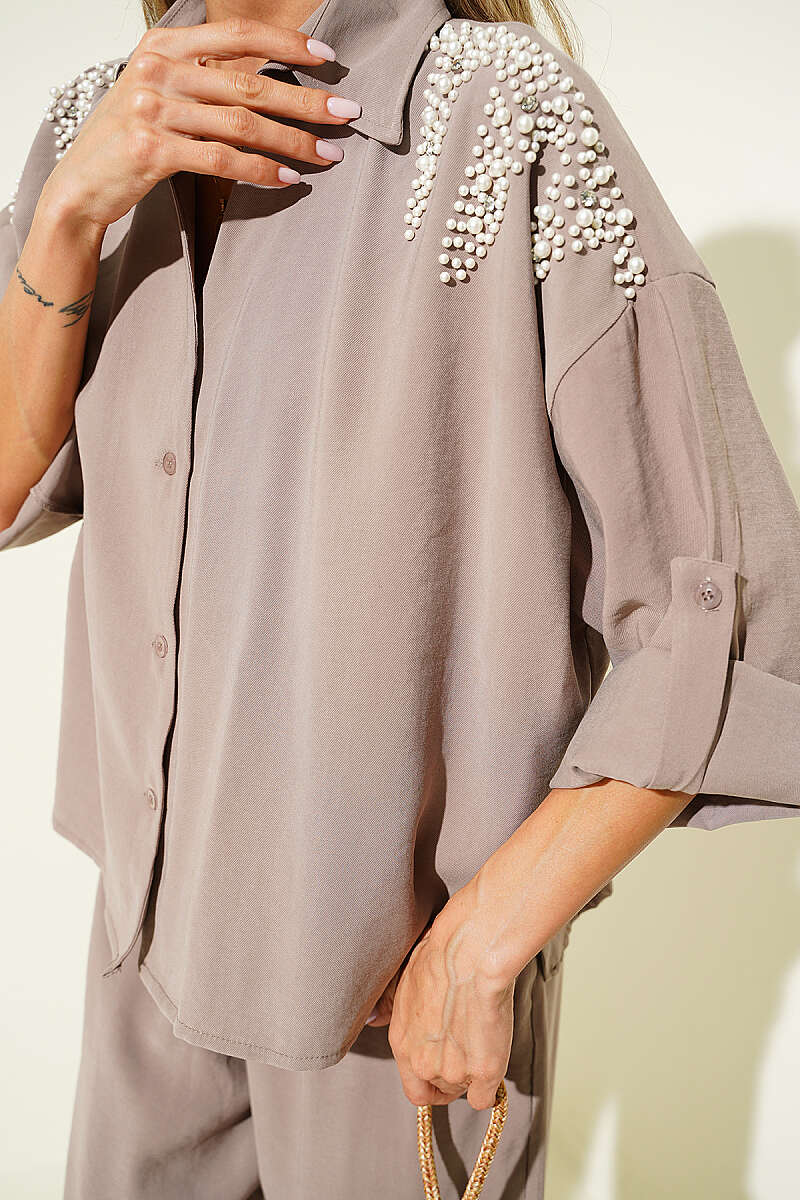 Modal Two-Piece Set with Pearl Shoulders - Mink