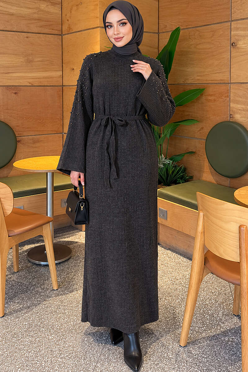 Belted Knit Dress with Pearl Shoulders - Charcoal