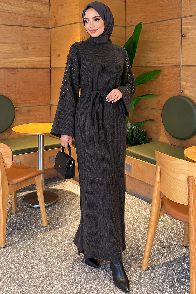 Belted Knit Dress with Pearl Shoulders - Charcoal