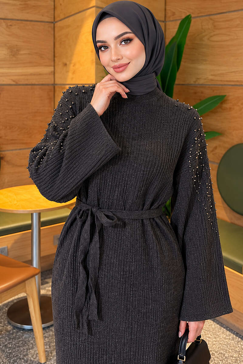 Belted Knit Dress with Pearl Shoulders - Charcoal
