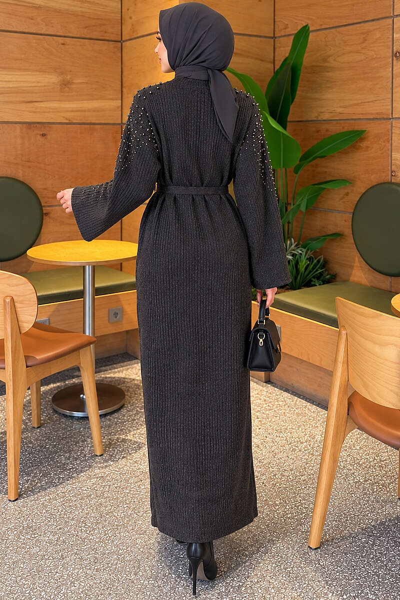 Belted Knit Dress with Pearl Shoulders - Charcoal