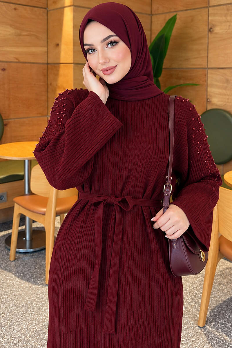 Belted Knit Dress with Pearl Shoulders - Burgundy