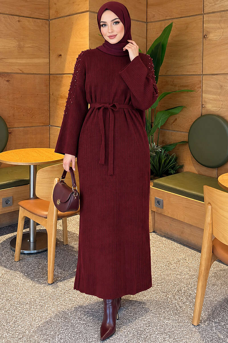 Belted Knit Dress with Pearl Shoulders - Burgundy