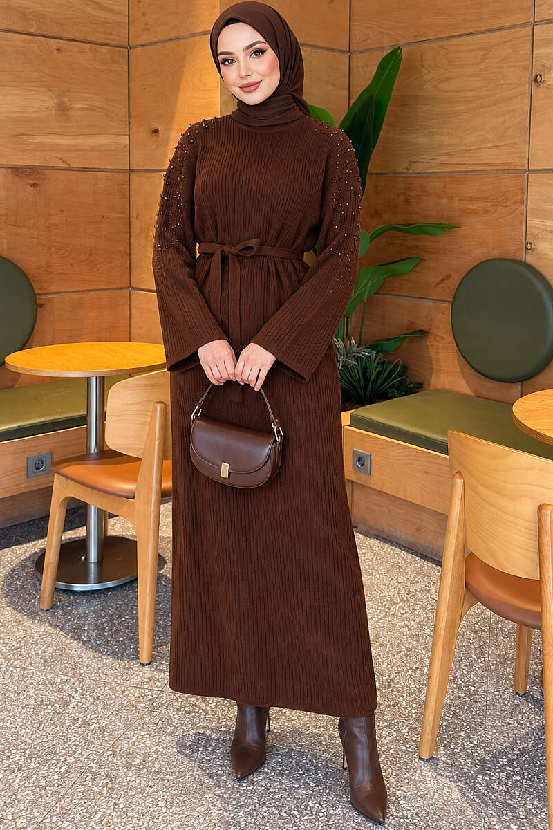 Belted Knit Dress with Pearl Shoulders - Brown