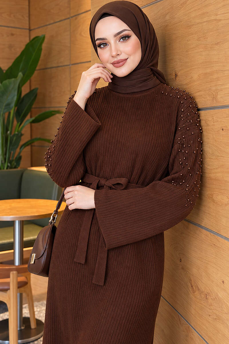 Belted Knit Dress with Pearl Shoulders - Brown