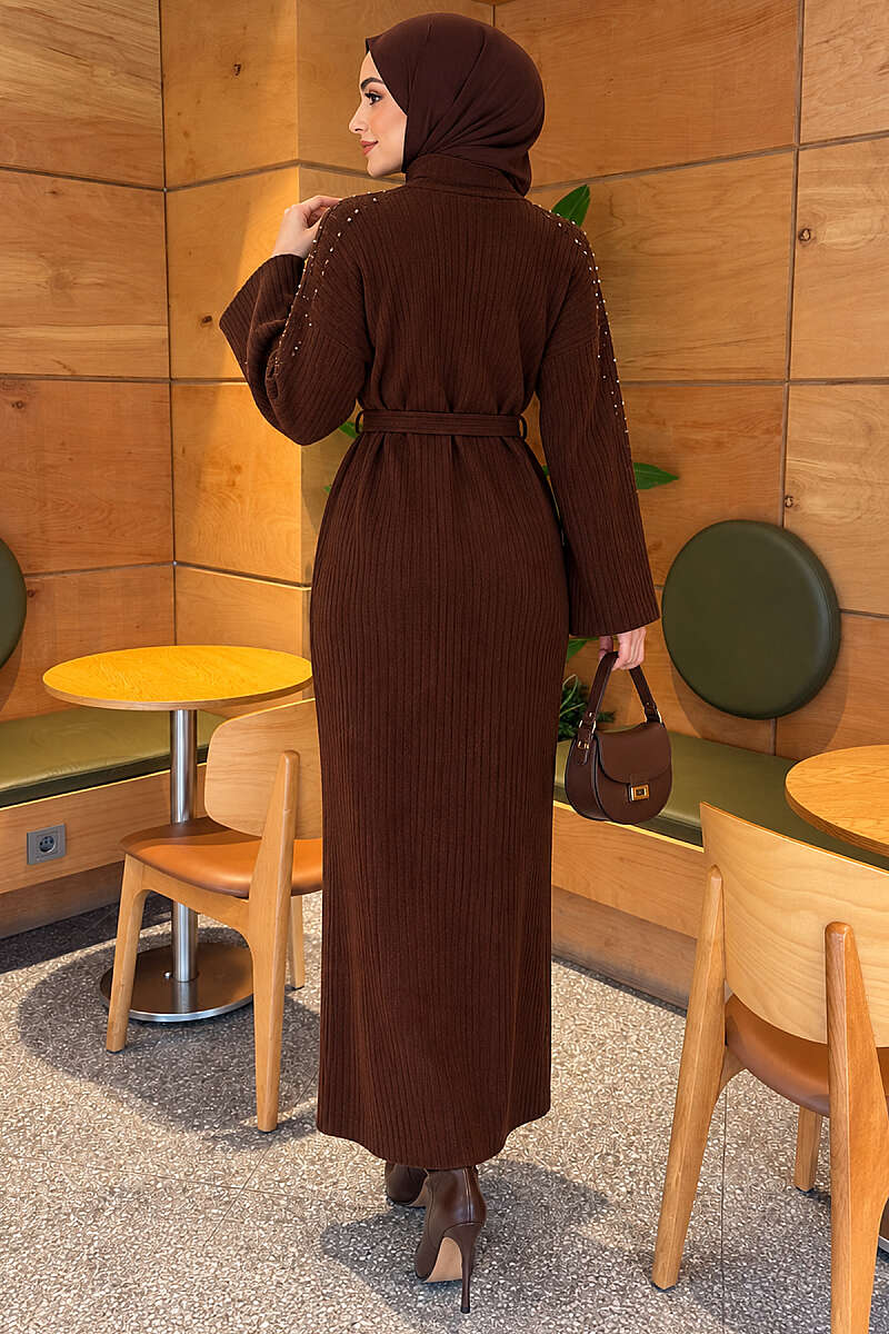 Belted Knit Dress with Pearl Shoulders - Brown