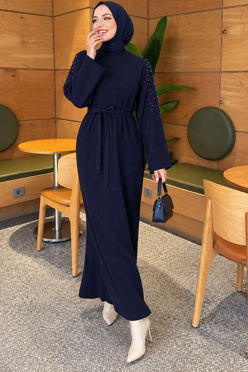 Belted Knit Dress with Pearl Shoulders - Navy