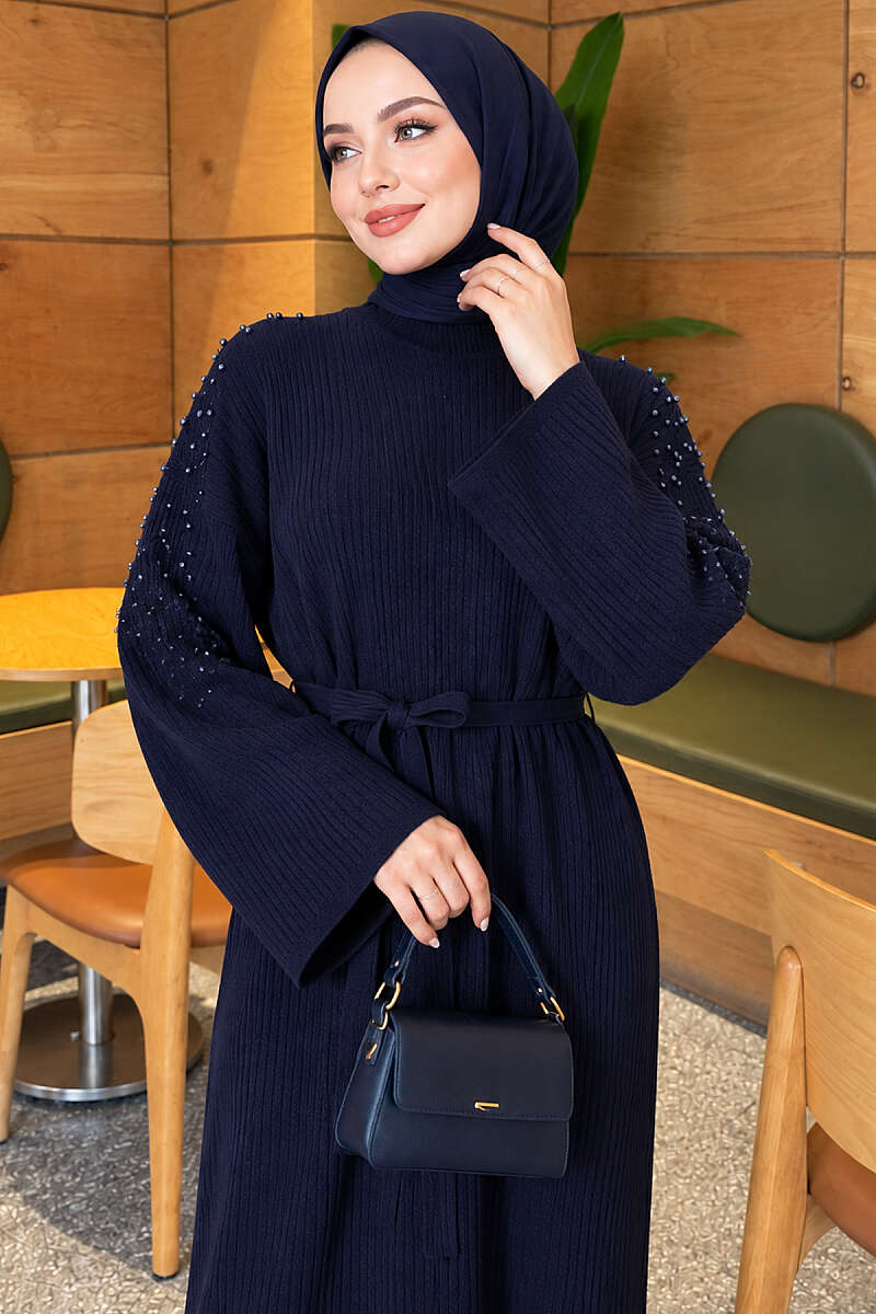 Belted Knit Dress with Pearl Shoulders - Navy