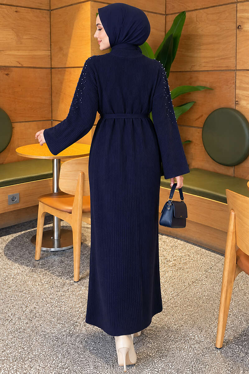 Belted Knit Dress with Pearl Shoulders - Navy