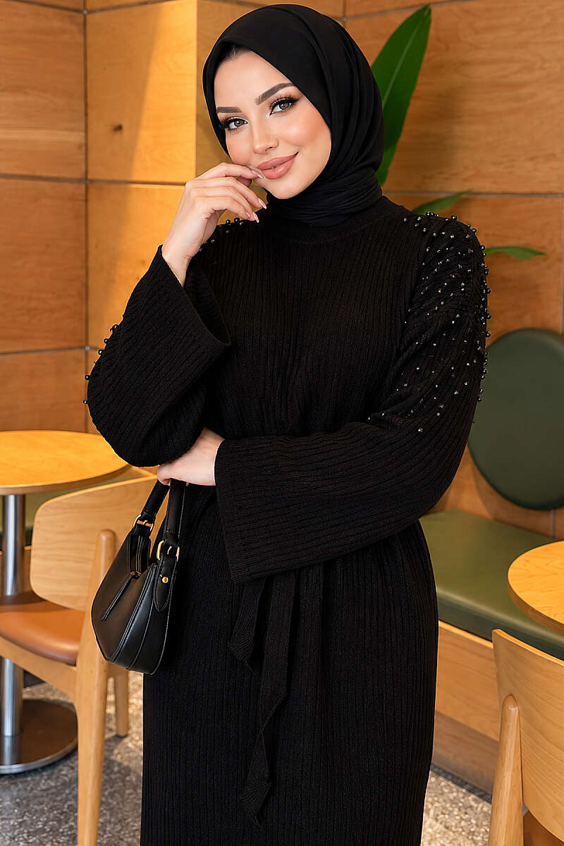 Belted Knit Dress with Pearl Shoulders - Black