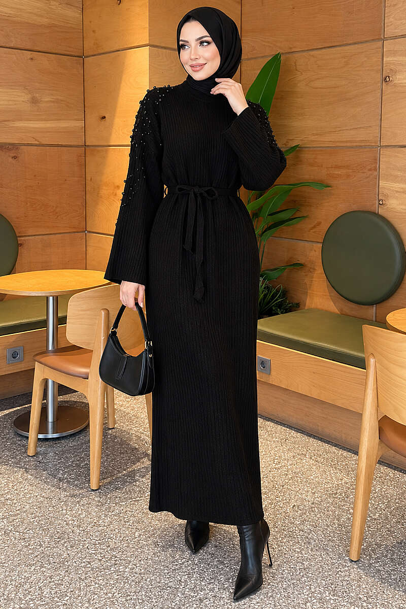 Belted Knit Dress with Pearl Shoulders - Black