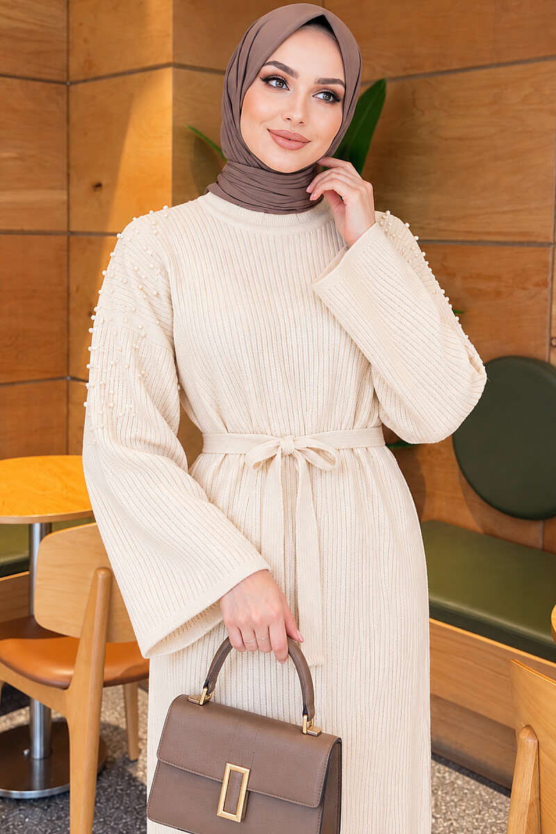 Belted Knit Dress with Pearl Shoulders - Stone