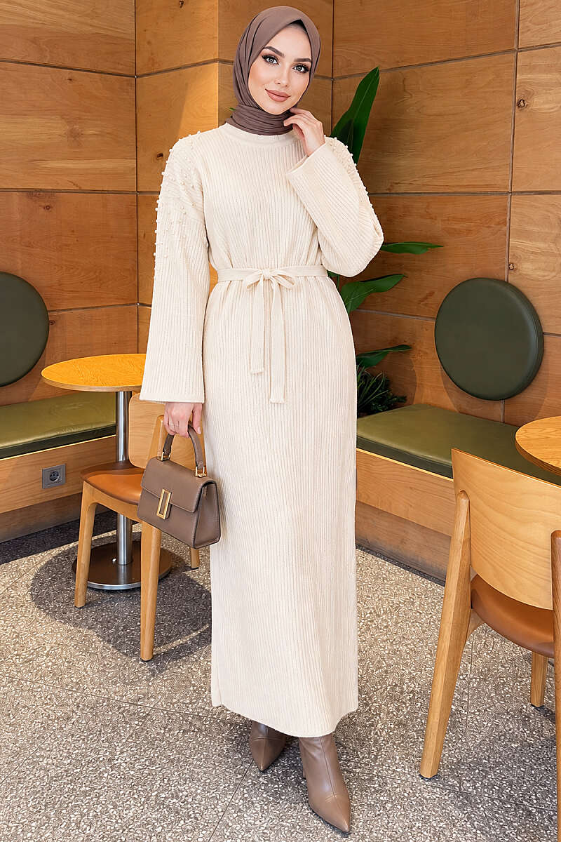 Belted Knit Dress with Pearl Shoulders - Stone