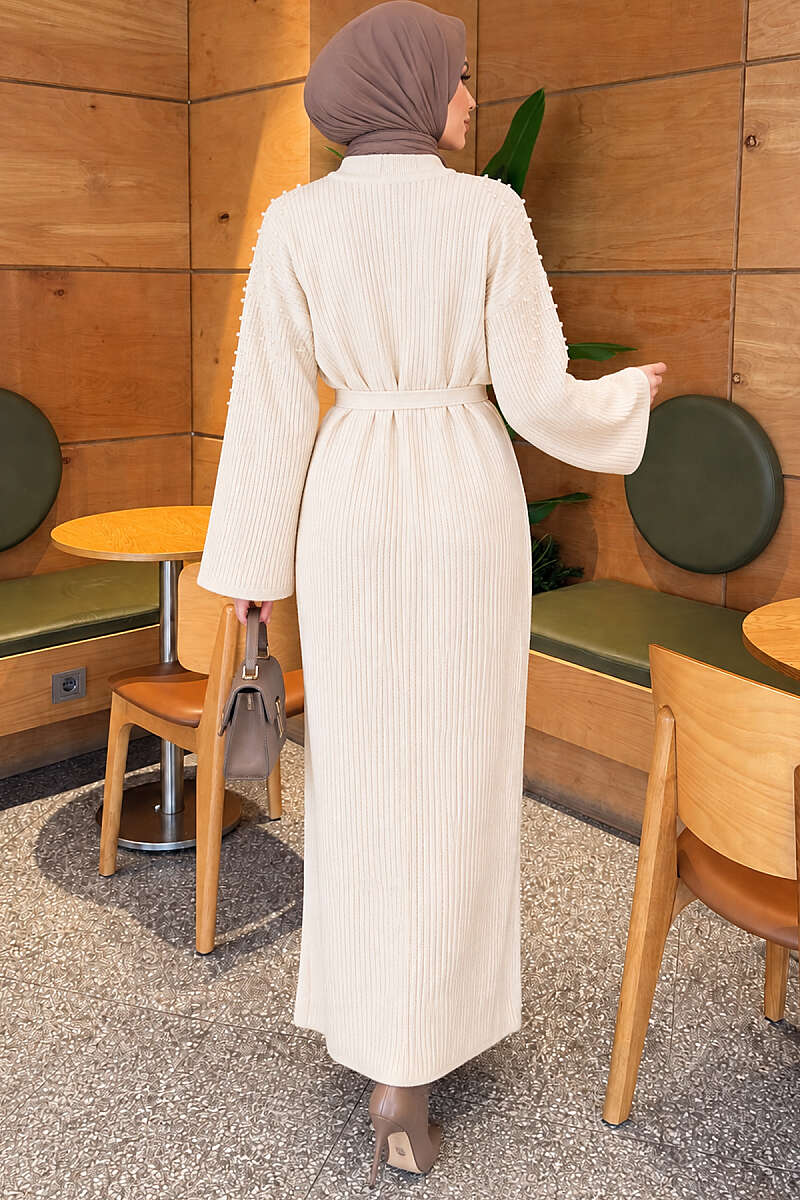 Belted Knit Dress with Pearl Shoulders - Stone