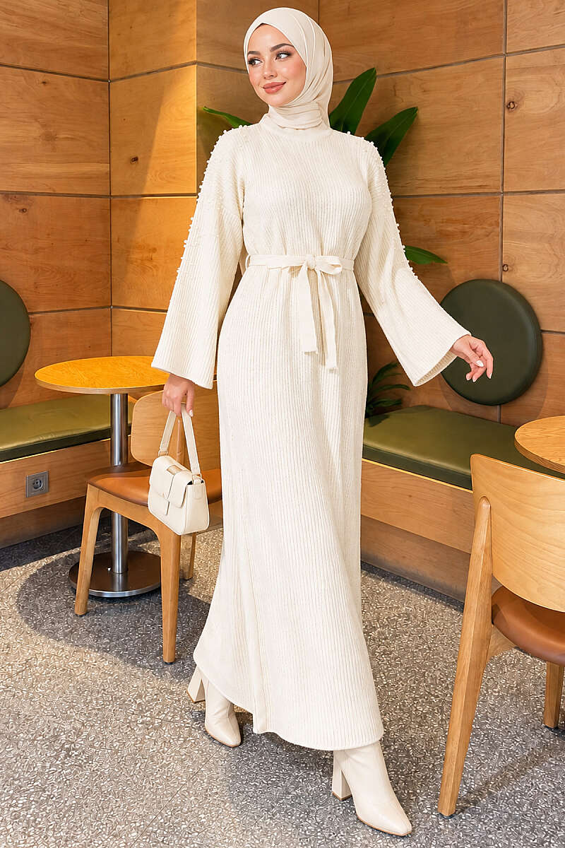 Knit Dress with Pearl Shoulders - Beige