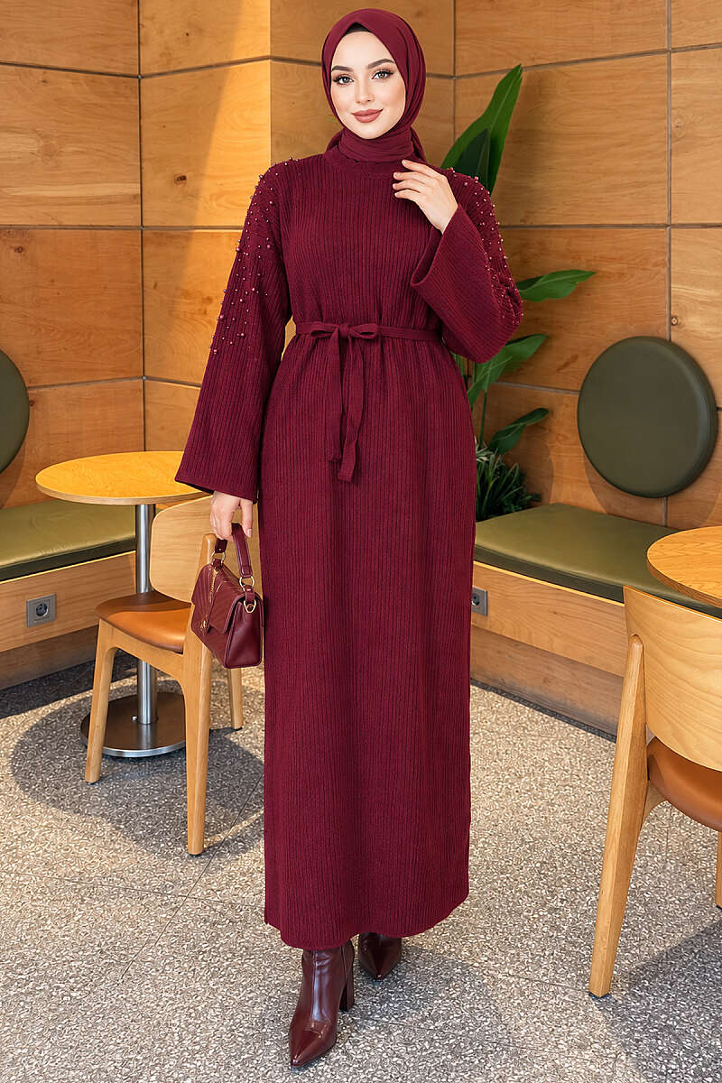 Knit Dress with Pearl Shoulders - Burgundy