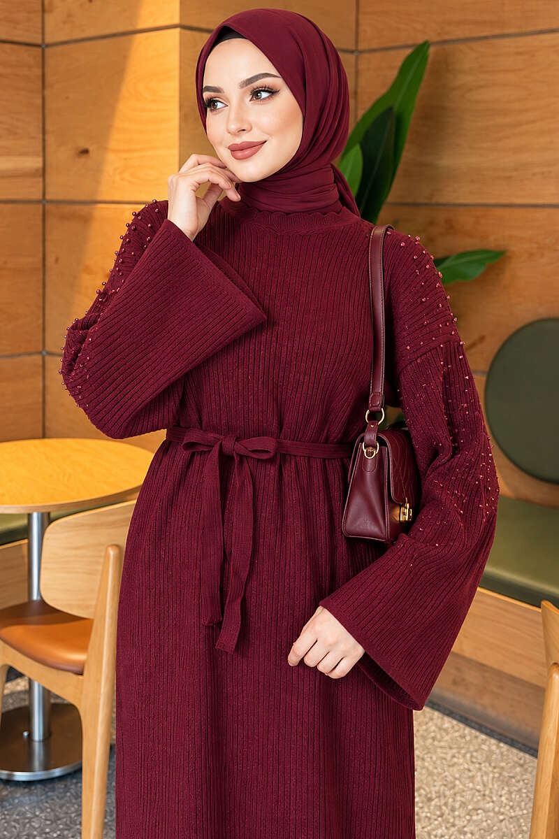 Knit Dress with Pearl Shoulders - Burgundy