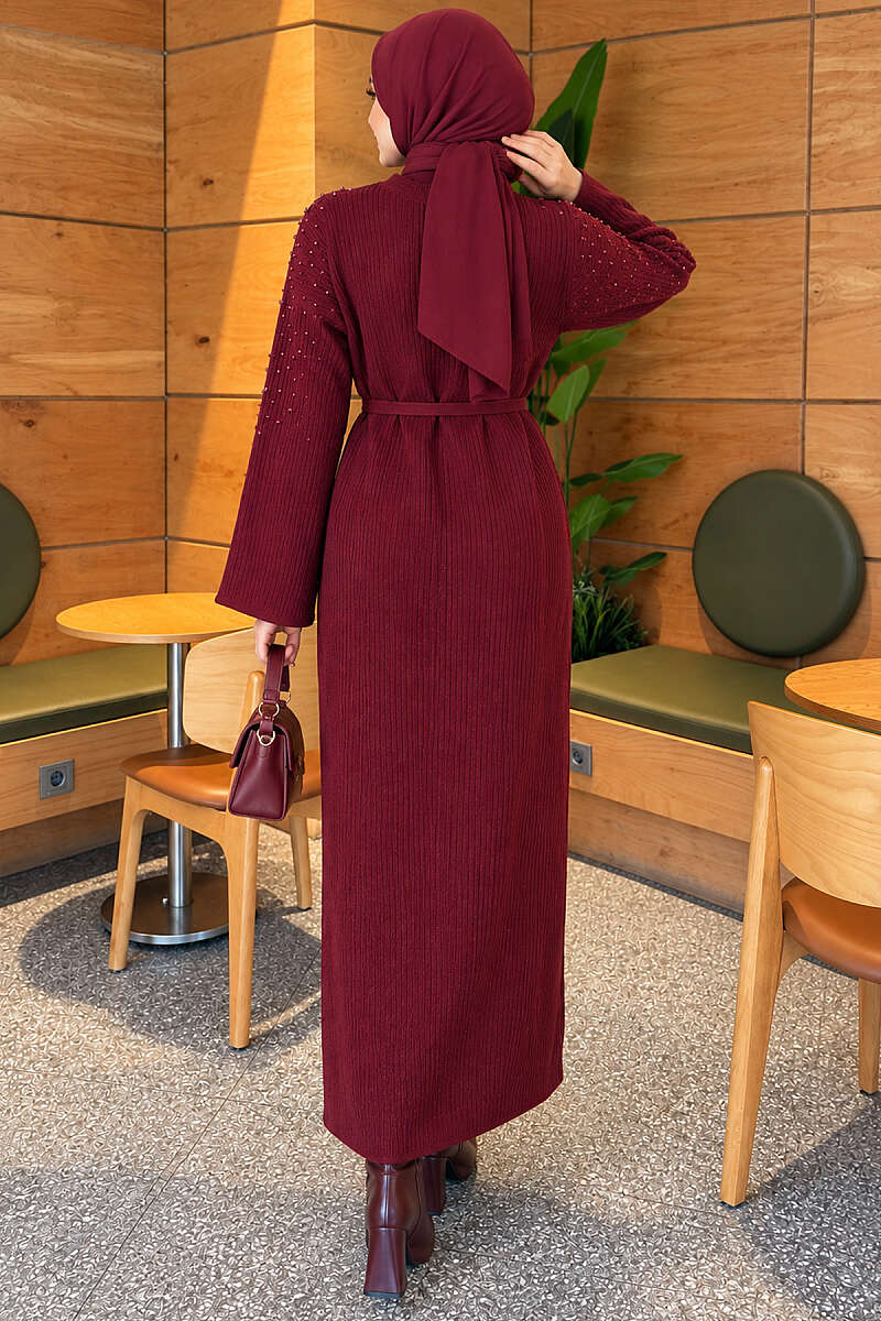 Knit Dress with Pearl Shoulders - Burgundy