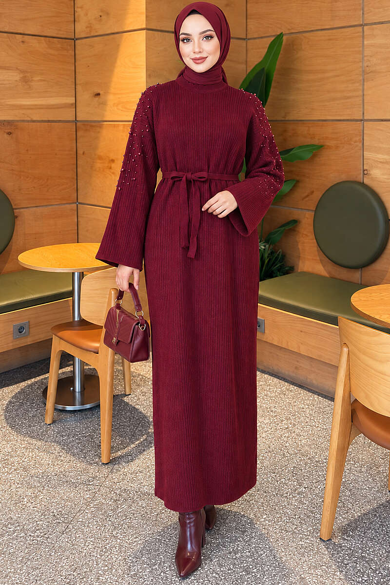 Knit Dress with Pearl Shoulders - Burgundy