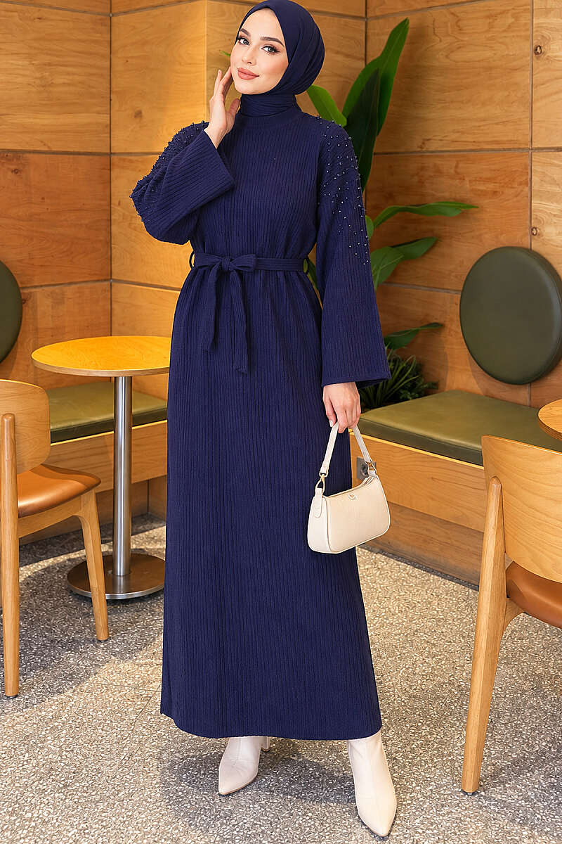 Knit Dress with Pearl Shoulders - Navy