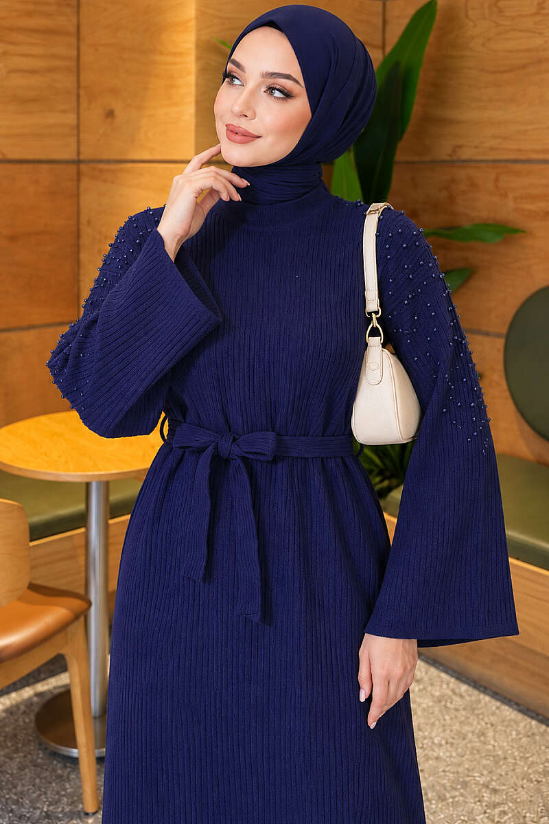 Knit Dress with Pearl Shoulders - Navy