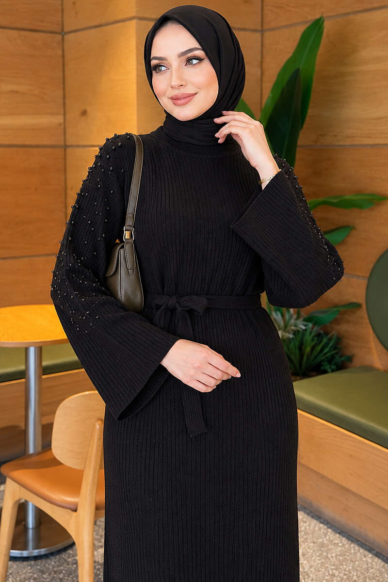 Knit Dress with Pearl Shoulders - Black