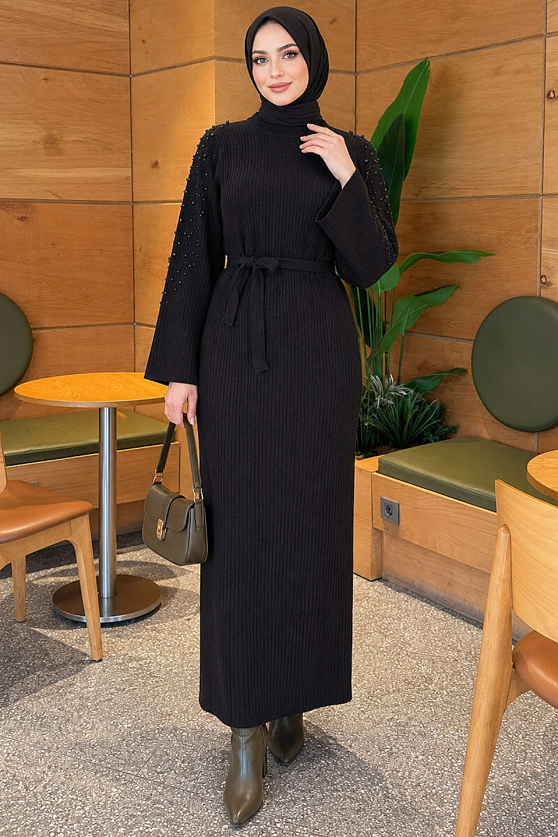 Knit Dress with Pearl Shoulders - Black