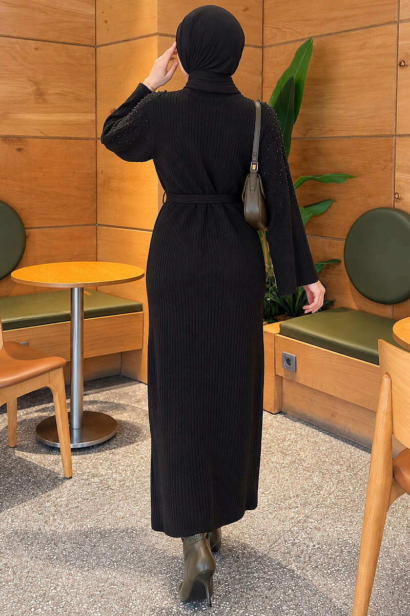 Knit Dress with Pearl Shoulders - Black