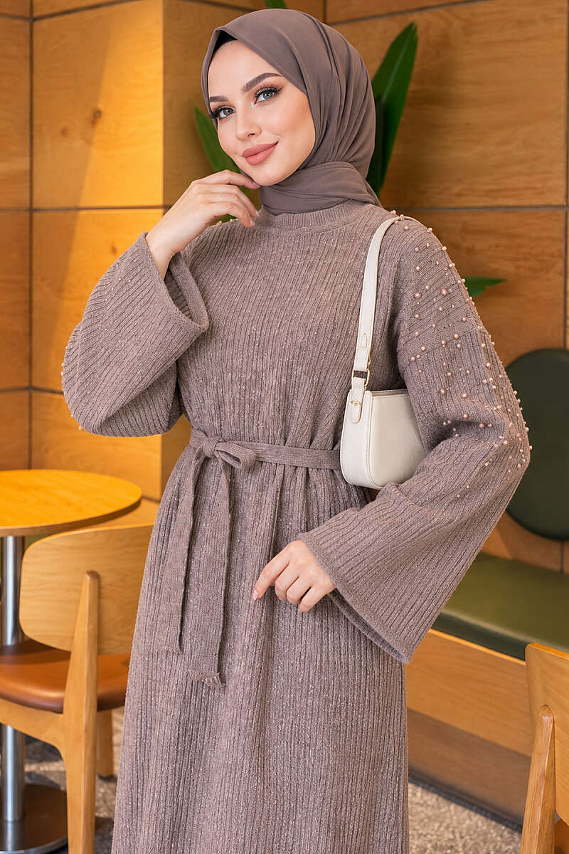 Knit Dress with Pearl Shoulders - Mink