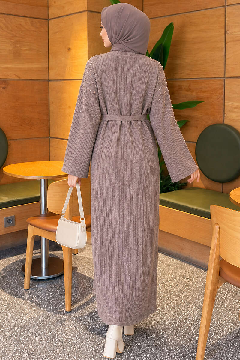 Knit Dress with Pearl Shoulders - Mink