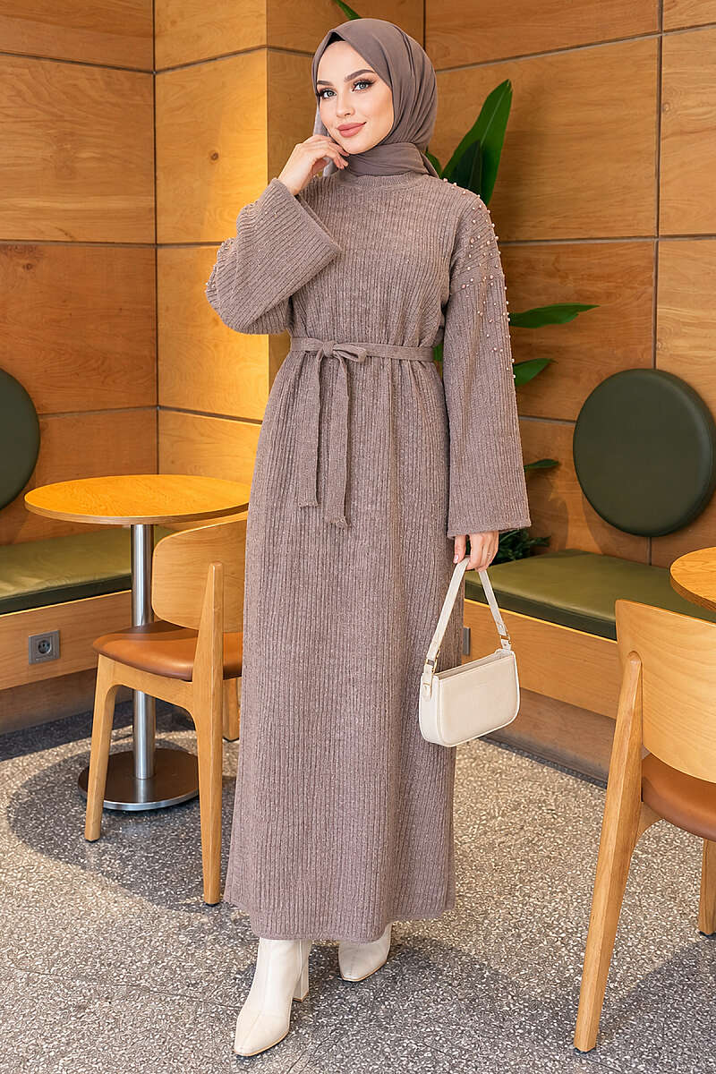 Knit Dress with Pearl Shoulders - Mink