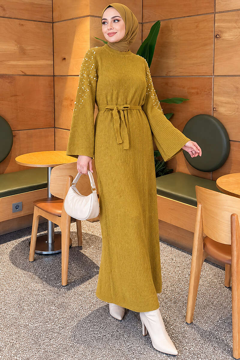 Knit Dress with Pearl Shoulders - Olive