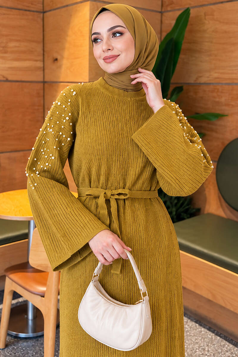 Knit Dress with Pearl Shoulders - Olive