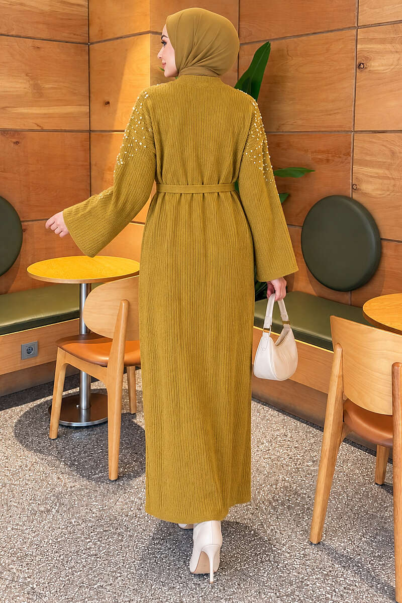 Knit Dress with Pearl Shoulders - Olive