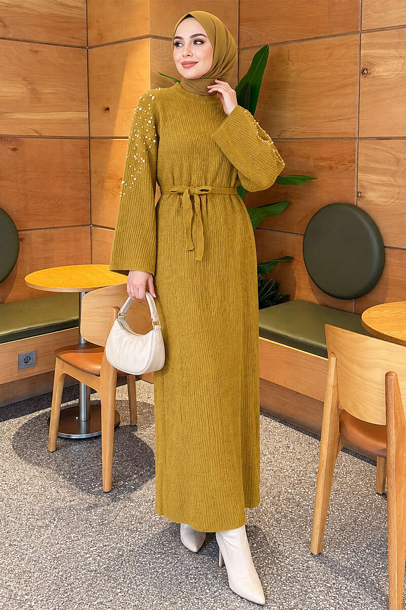 Knit Dress with Pearl Shoulders - Olive