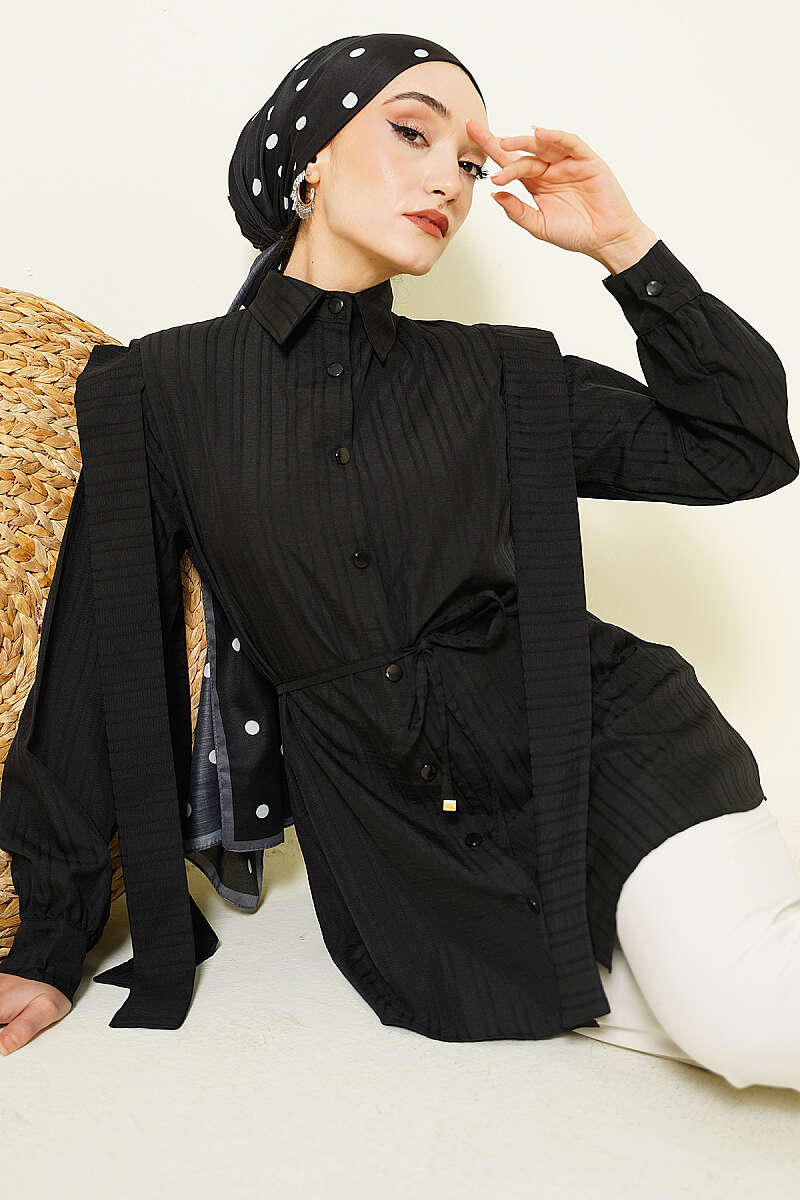 Textured-Stripe Shirt with Shoulder Belt - Black