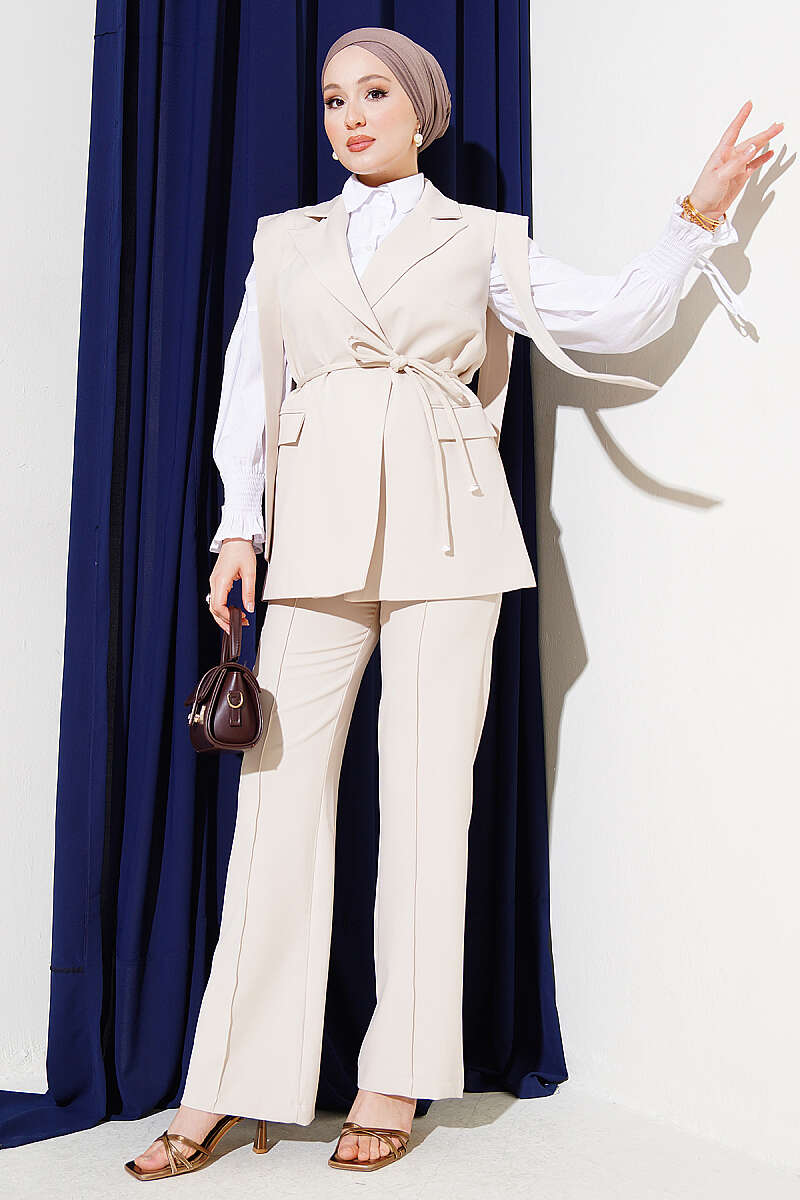 Vest Two-Piece Set with Shoulder Belt - Beige