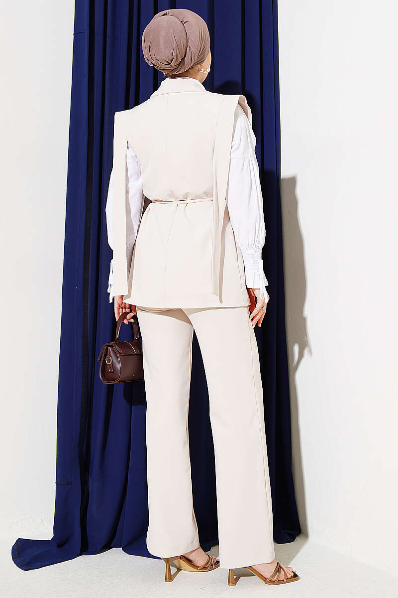 Vest Two-Piece Set with Shoulder Belt - Beige