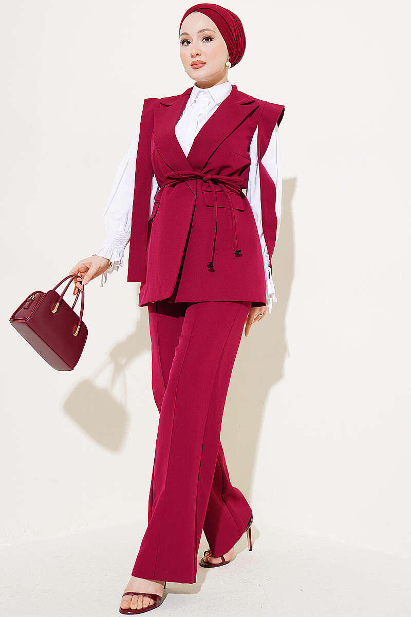 Vest Two-Piece Set with Shoulder Belt - Burgundy