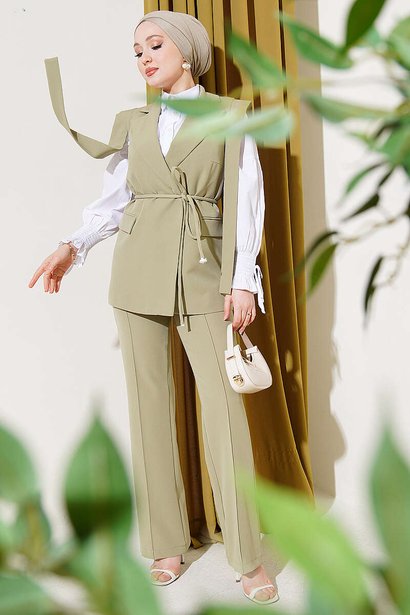 Vest Two-Piece Set with Shoulder Belt - Almond Green