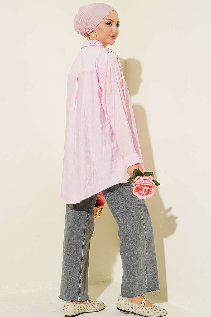Shirt with Mini Stones on the Shoulders - Pink