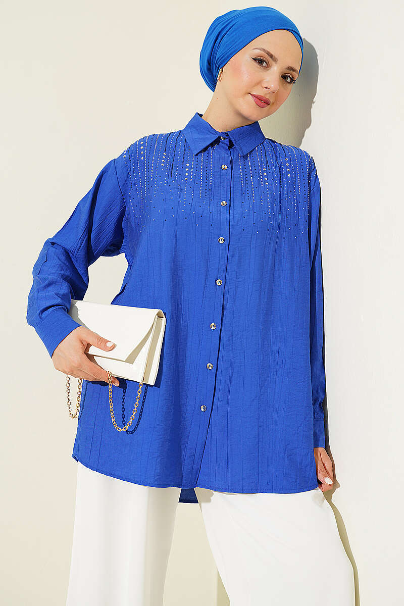 Shirt with Mini Stones on the Shoulders - Saxe Blue