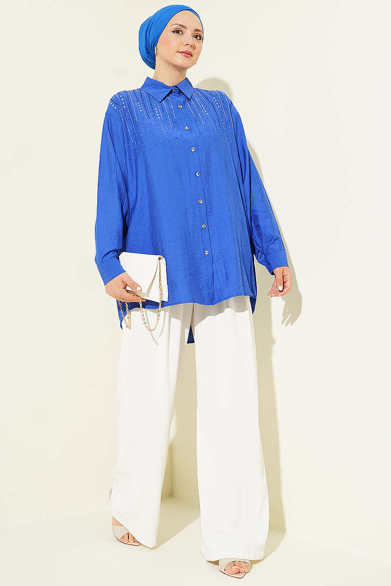 Shirt with Mini Stones on the Shoulders - Saxe Blue